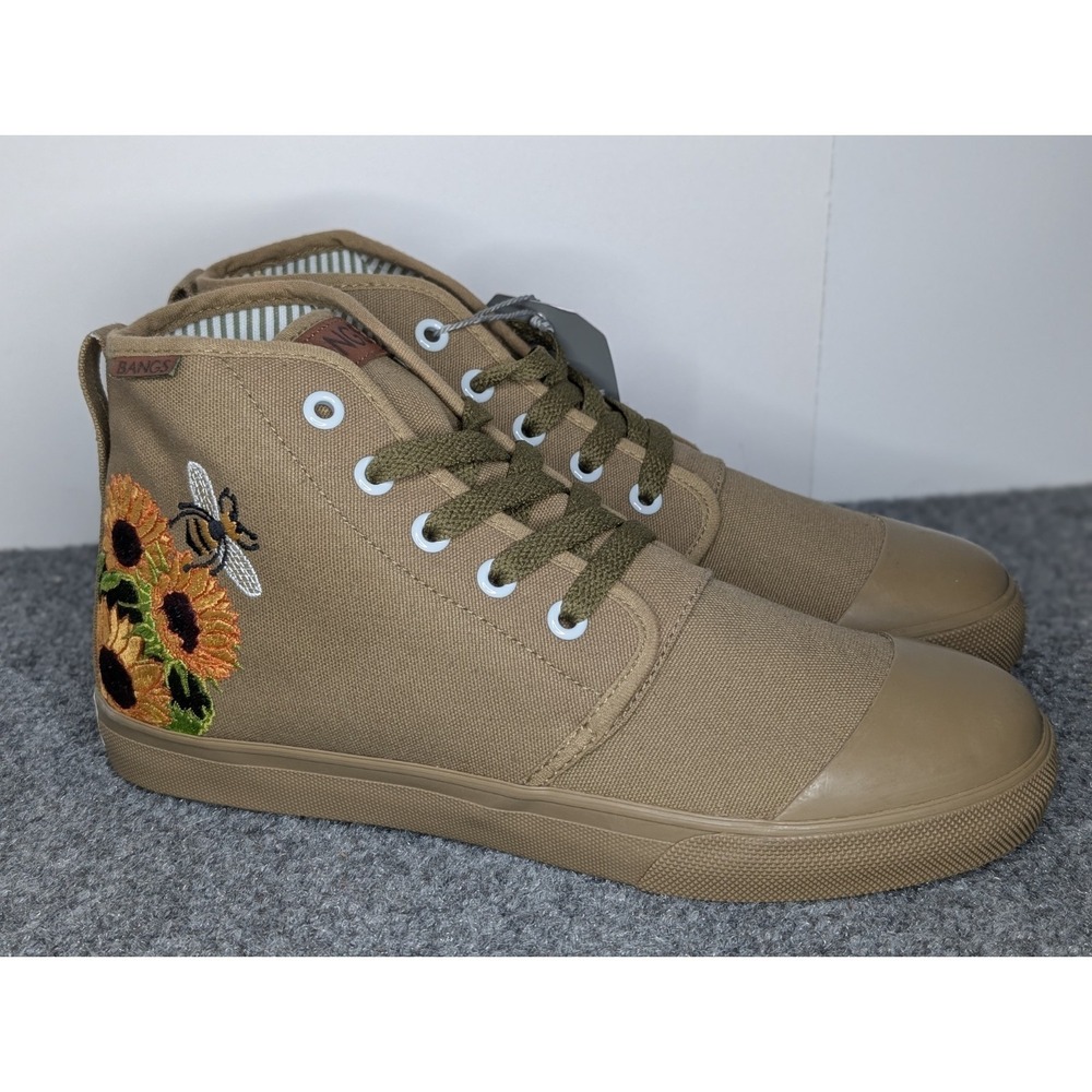 BANGS Shoes Olive Green High-Top Sneaker Shoes M5.5/W7 Sunflower/ Bee Embroidery - Picture 3 of 12